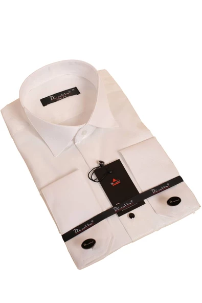 Krem Yakma Desenli Siyah Taş Düğmeli Damatlık Ata Yaka Kol Düğmeli Slim Fit Smokin Gömlek - 023 ürün görseli 1