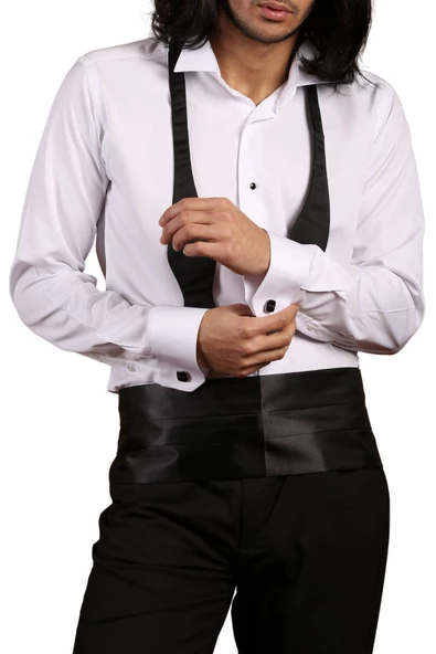 Beyaz Ekstra Uzun Kol 8 Drop Damatlık Ata Yaka Kol Düğmeli Slim Fit Smokin Gömlek - 013 ürün görseli 1
