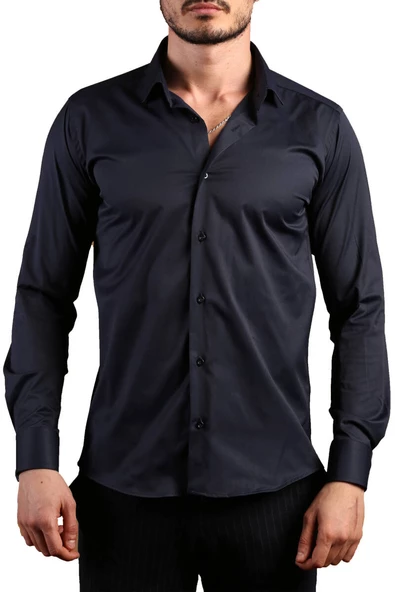 Lacivert Ekstra Dar Kesim Likralı Esnek Micro Kumaş Kol Düğmeli Slim Fit Erkek Gömlek - 195-12 ürün görseli 1