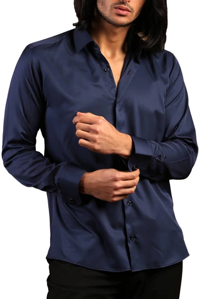 Lacivert Dar Kesim Micro Kumaş Kol Düğmeli Slim Fit Erkek Gömlek - 201-12 ürün görseli 1
