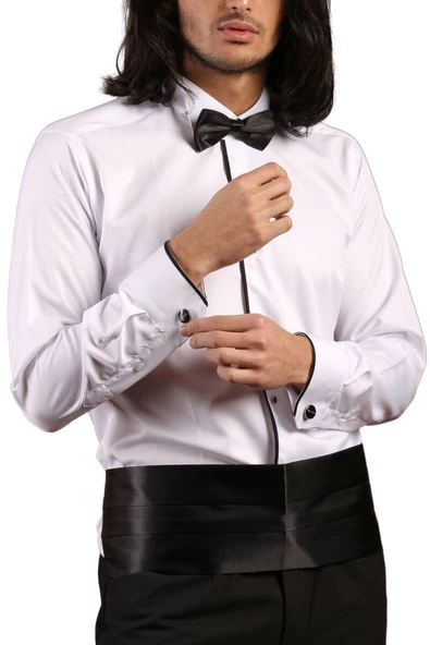 Beyaz Siyah Tek Bieli Damatlık Ata Yaka Kol Düğmeli Slim Fit Smokin Gömlek - 027 ürün görseli 1