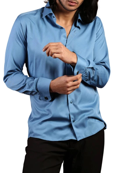Turkuaz Mavi Dar Kesim Micro Kumaş Kol Düğmeli Slim Fit Erkek Gömlek - 201-18 ürün görseli 1