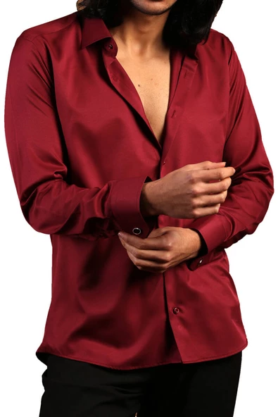 Bordo Dar Kesim Micro Kumaş Kol Düğmeli Slim Fit Erkek Gömlek - 201-13 ürün görseli 1