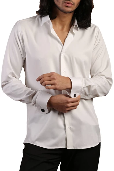 Krem Dar Kesim Micro Kumaş Kol Düğmeli Slim Fit Erkek Gömlek - 201-10 ürün görseli 1