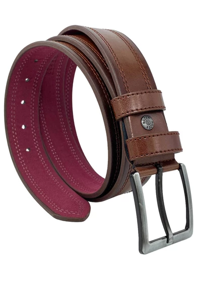 Kahverengi Suni Deri Çift Dikişli Model 4 cm.lik Spor Kemer - 9013-111-22RL ürün görseli 1