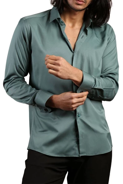 Haki Yeşil Dar Kesim Micro Kumaş Kol Düğmeli Slim Fit Erkek Gömlek - 201-19 ürün görseli 1