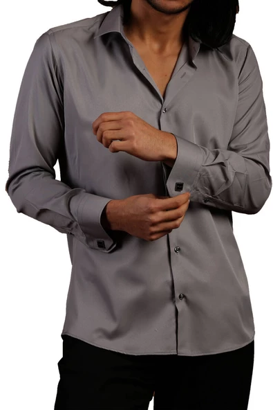 Koyu Gri Dar Kesim Micro Kumaş Kol Düğmeli Slim Fit Erkek Gömlek - 201-7 ürün görseli 1