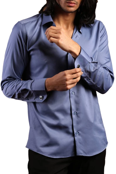 İndigo Dar Kesim Micro Kumaş Kol Düğmeli Slim Fit Erkek Gömlek - 201-5 ürün görseli 1