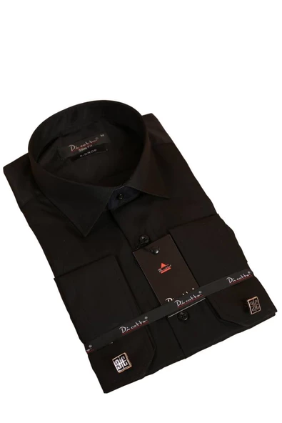 Siyah 8 Drop Ekstra Uzun Kol Dar Kesim Micro Kumaş Kol Düğmeli Slim Fit Erkek Gömlek - 197-6 ürün görseli 1