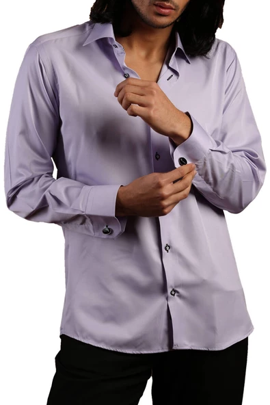 Lila Dar Kesim Micro Kumaş Kol Düğmeli Slim Fit Erkek Gömlek - 201-3 ürün görseli 1