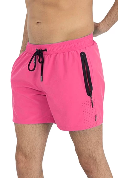 Pembe Likralı Esnek Kumaş Su İtici Özellikli Düz Renk Erkek Plaj Deniz Şort Mayo - 2201-Pembe ürün görseli 1