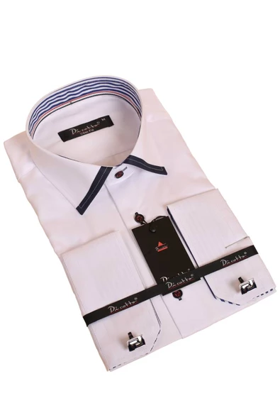 Beyaz Lacivert Bieli Yaka Dar Kesim Micro Kumaş Kol Düğmeli Slim Fit Erkek Gömlek - 200-1 ürün görseli 1