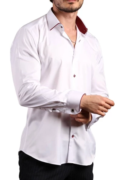 Beyaz Bordo Bieli Yaka Dar Kesim Micro Kumaş Kol Düğmeli Slim Fit Erkek Gömlek - 216-3 ürün görseli 1