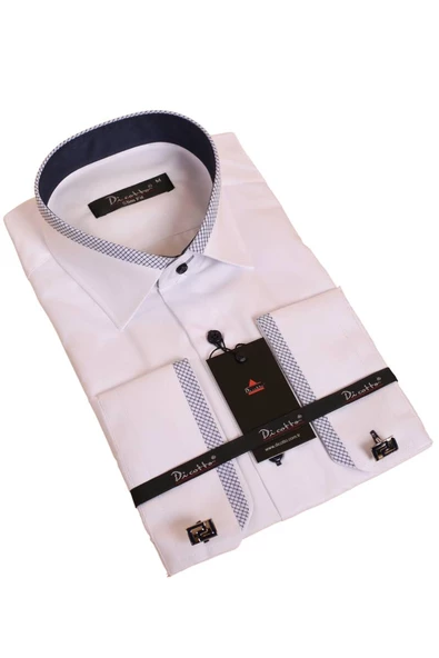 Beyaz Lacivert Bieli Yaka Dar Kesim Micro Kumaş Kol Düğmeli Slim Fit Erkek Gömlek - 200-3 ürün görseli 1