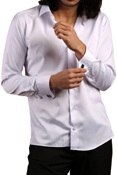Beyaz Dar Kesim Micro Kumaş Kol Düğmeli Slim Fit Erkek Gömlek - 201-1 ürün görseli 1