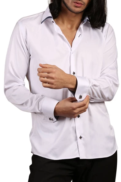 Beyaz Lacivert Bieli Yaka Dar Kesim Micro Kumaş Kol Düğmeli Slim Fit Erkek Gömlek - 200-1 ürün görseli 1