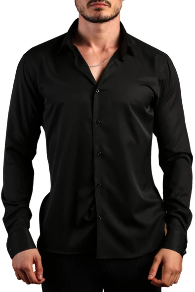Siyah 8 Drop Ekstra Uzun Kol Dar Kesim Micro Kumaş Kol Düğmeli Slim Fit Erkek Gömlek - 197-6 ürün görseli 1