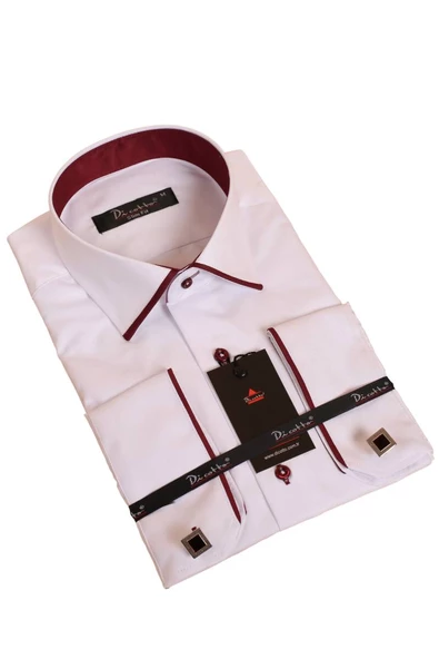 Beyaz Bordo Bieli Yaka Dar Kesim Micro Kumaş Kol Düğmeli Slim Fit Erkek Gömlek - 216-3 ürün görseli 1