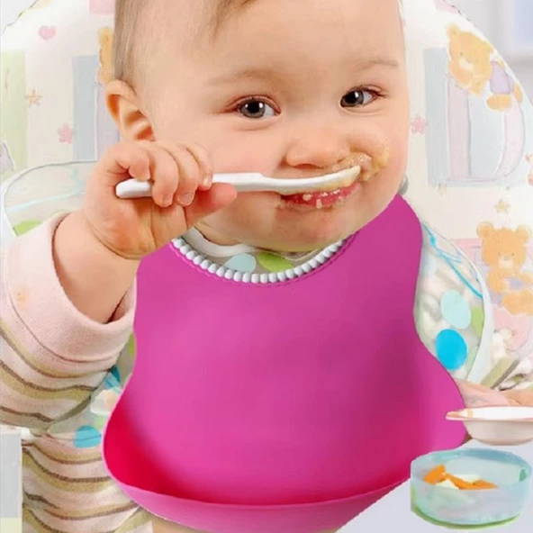 Mama Önlüğü Pembe Çocuk Bebek Mama Dökülme Engelleyici Bükülebilir Önlük ürün görseli 1