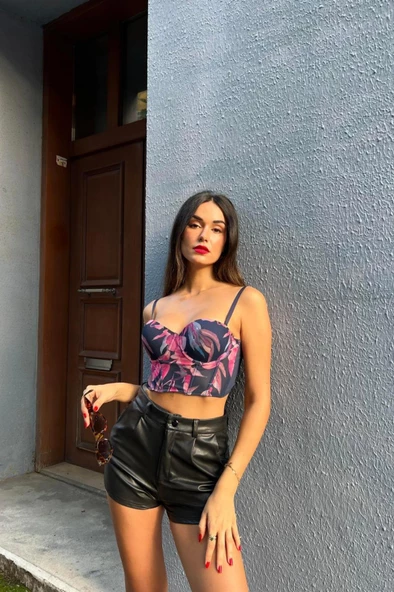 Çiçekli Destekli Lacivert Bustiyer - Resim 5