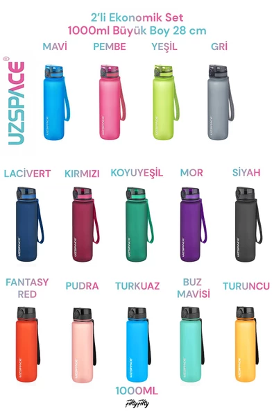 Uzspace 2'li Tritan Matara Seti 1000 ml Büyük Boy 14 Farklı Renk Seçeneği FiftyFifty -3038seta ürün görseli 1