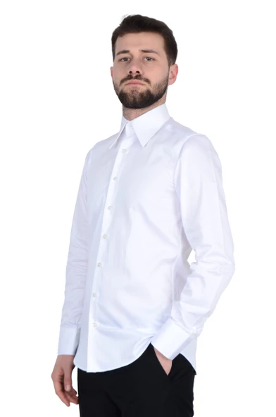 Cengiz İnler Yarasa Yaka Pamuk Saten Cepsiz Slim Fit Erkek Gömlek ürün görseli 1