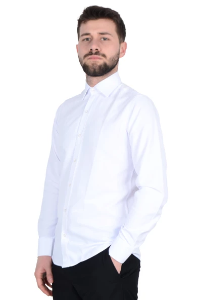 Cengiz İnler Standart Yaka Cepsiz Filafil Doku Slim Fit Erkek Gömlek ürün görseli 1