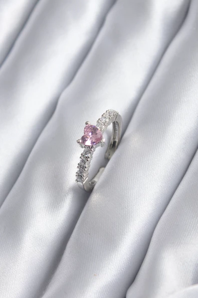 Gümüş Renk Zirkon Taşlı Pembe Kristal Kalp Model Kadın Yüzük TJ-BYK2851 ürün görseli 1
