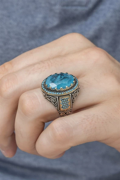Mavi Paraiba Taşlı 925 Gümüş Erkek Yüzük ürün görseli 1