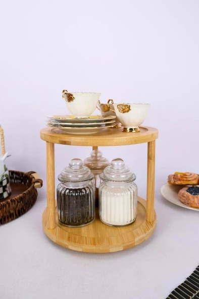 Digithome Bambu 2 Katlı 360° Döner Standlı Servis ve Sunum Tepsisi Kahverengi – A/10 C1-1-289 ürün görseli 1