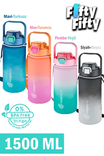 Vagonlife Tritan 1500ml Askılı-Pipetli/Pipetsiz Kullanım Çift Renk SoftTouch Motivasyon Matarası Çıkartma Hediyeli ürün görseli 1