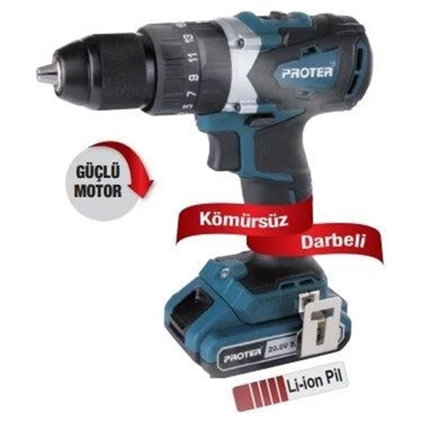 PROTER PST 720 BL KÖMÜRSÜZ DARBELİ 13 MM ÇİFT AKÜLÜ MATKAP ürün görseli 1