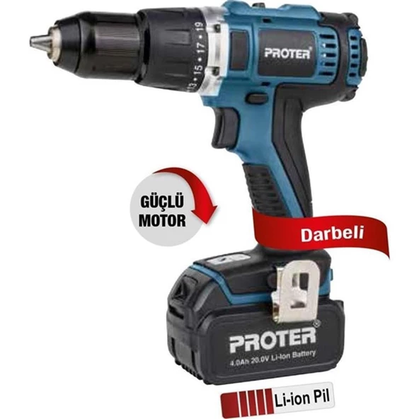 PROTER PST 740 BL 20V 4.0 AH Li-ion ÇİFT AKÜLÜ KÖMÜRSÜZ DARBELİ MATKAP VİDALAMA ürün görseli 1