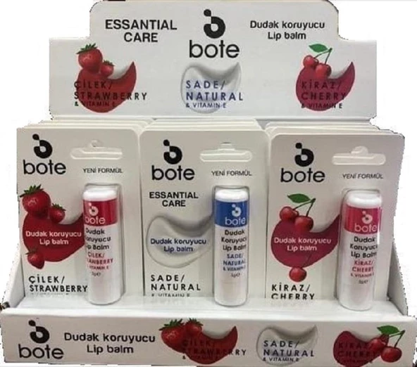 Bote Dudak Koruyucu Lip Stick - Çilek + Kiraz + Sade Stant 12'li ürün görseli 1