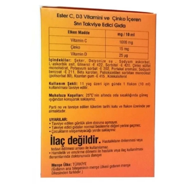 Matriks İlaç Ester C + D3 + Zinco 10 ml x 20 Flakon - Resim 2