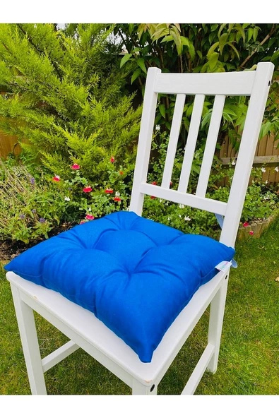Mavi Renk Pamuklu Kumaş Pofidik Kare Dekoratif Sandalye Minderi 35x35 Cm, Bağcıklı Sandalye Minderi ürün görseli 1