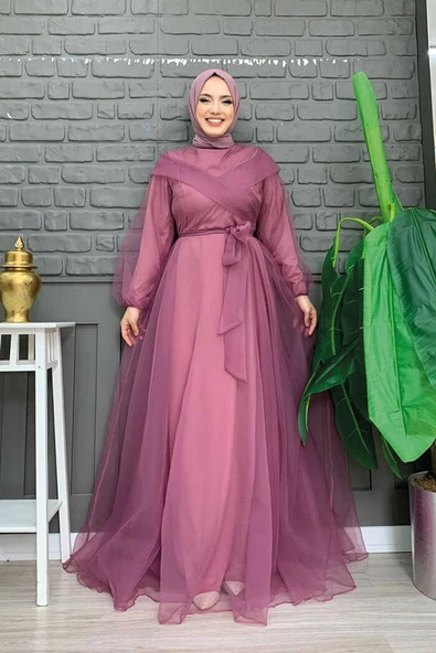 Omuz Şerit Detay Bel Bağlamalı Tül Abiye Elbise 3964 Lila ürün görseli 1