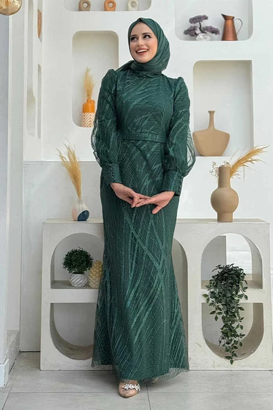 Desenli Bel Kemerli Balık Abiye Elbise 1139 Zümrüt ürün görseli 1