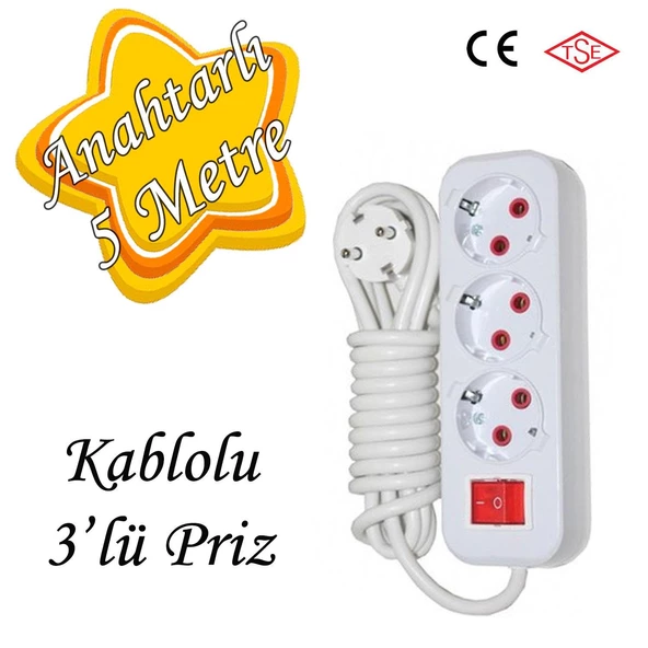 Anahtarlı Kablolu 3 Lü Topraklı Çoklu Grup Priz Çoğaltma Üçlü Fiş Piriz 5 Metre ürün görseli 1