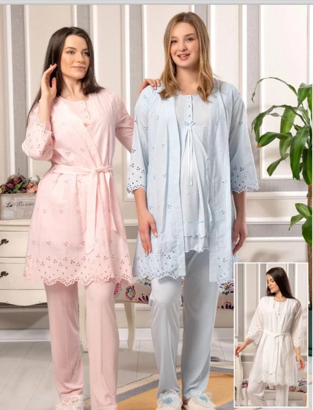 Bone Club 5816 MAVİ Vual Penye Hamile Lohusa 3 Lü Pijama Sabahlık Tk ürün görseli 1