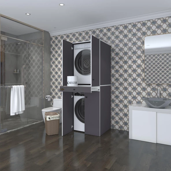 Kenzlife çamaşır-kurutma makinesi dolabı el kindi gri 187*070*60 çekmeceli kapaklı banyo ürün görseli 1