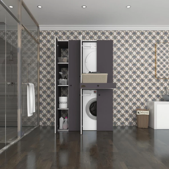 Kenzlife çamaşır-kurutma makinesi dolabı şahrur sol gri 187*120*60 çekmeceli banyo ürün görseli 1