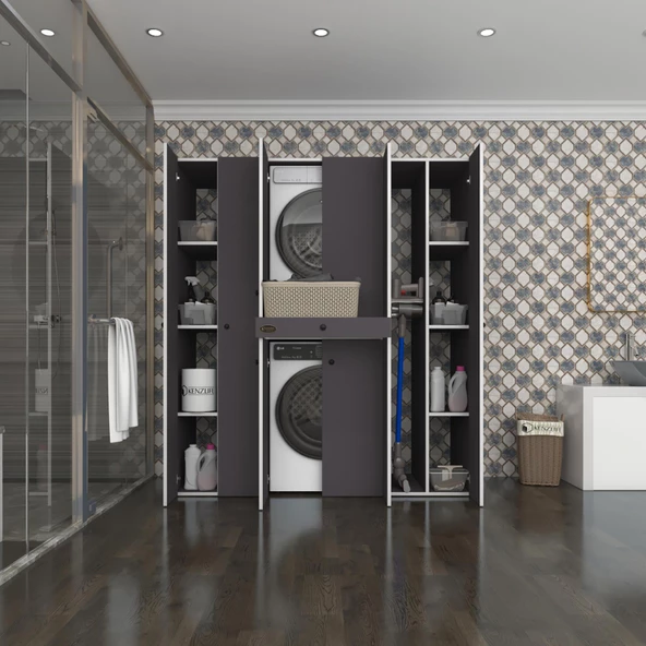 Kenzlife çamaşır-kurutma makinesi dolabı nazzam gri 187*170*60 çekmeceli raflı banyo ürün görseli 1