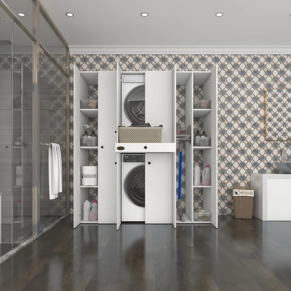 Kenzlife çamaşır-kurutma makinesi dolabı nazzammdf byz 187*170*60 çekmeceli raflı % 100 FULL MDF ürün görseli 1