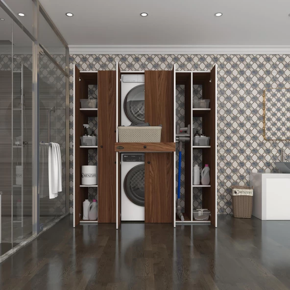 Kenzlife çamaşır-kurutma makinesi dolabı nazzam cvz 187*170*60 çekmeceli raflı banyo ürün görseli 1