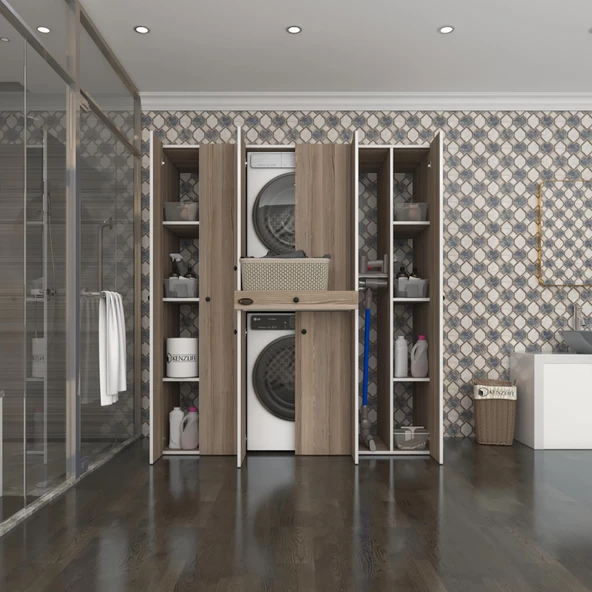 Kenzlife çamaşır-kurutma makinesi dolabı nazzam crd 187*170*60 çekmeceli raflı banyo ürün görseli 1