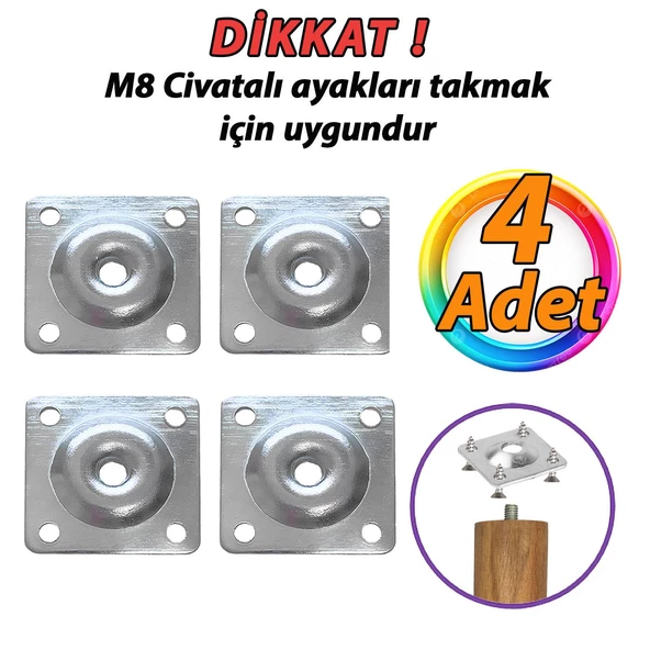 Mobilya Baza Koltuk Zigon Sehpa Ayağı Metal Bağlantı Aparatı Düz Ayak Tabanı M8 Civatalı (4 Adet) ürün görseli 1