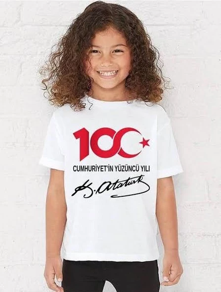 MODAVALS 23 NİSAN 19 MAYIS 30 AĞUSTOS 29 EKİM 10 KASIM OKUL GÖSTERİ UNISEX GARSON BOY 100. YIL ATATÜRK İMZA BASKILI KISA KOL TSHIRT - BEYAZ ürün görseli 1
