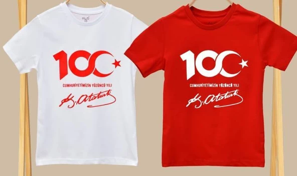 MODAVALS 23 NİSAN 19 MAYIS 30 AĞUSTOS 29 EKİM 10 KASIM OKUL GÖSTERİ UNISEX GARSON BOY 100. YIL ATATÜRK İMZA BASKILI KISA KOL TSHIRT - KIRMIZI ürün görseli 1
