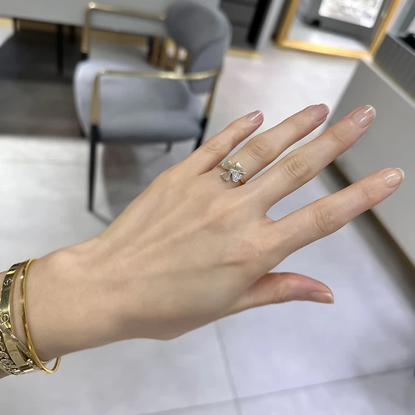 14k Altın Taşlı Yonca Yüzük - Resim 3